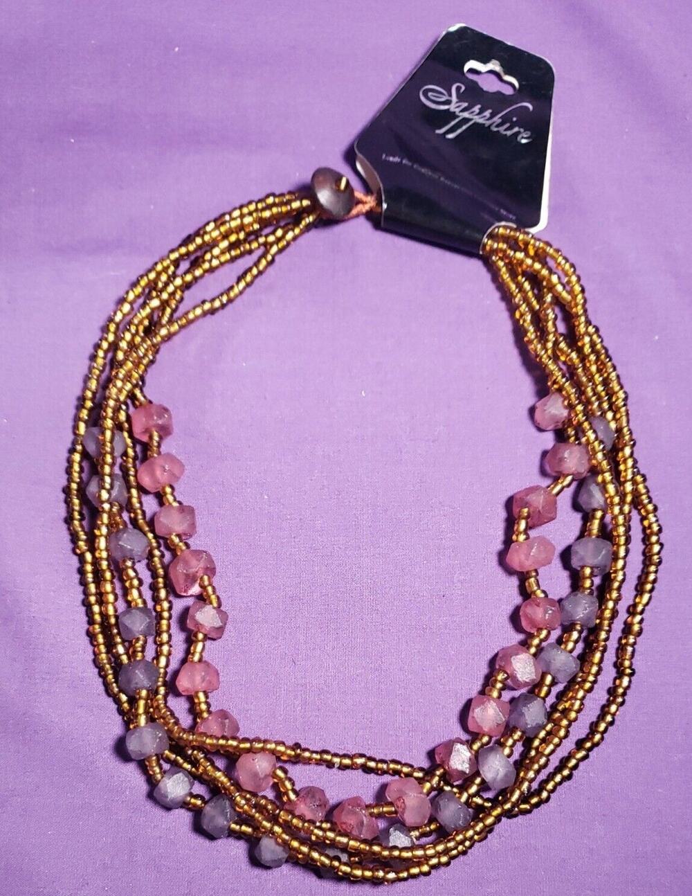 Sapphire Brand Multistrand Textured Glass Bead Necklace Pink Purple Amber w/tags